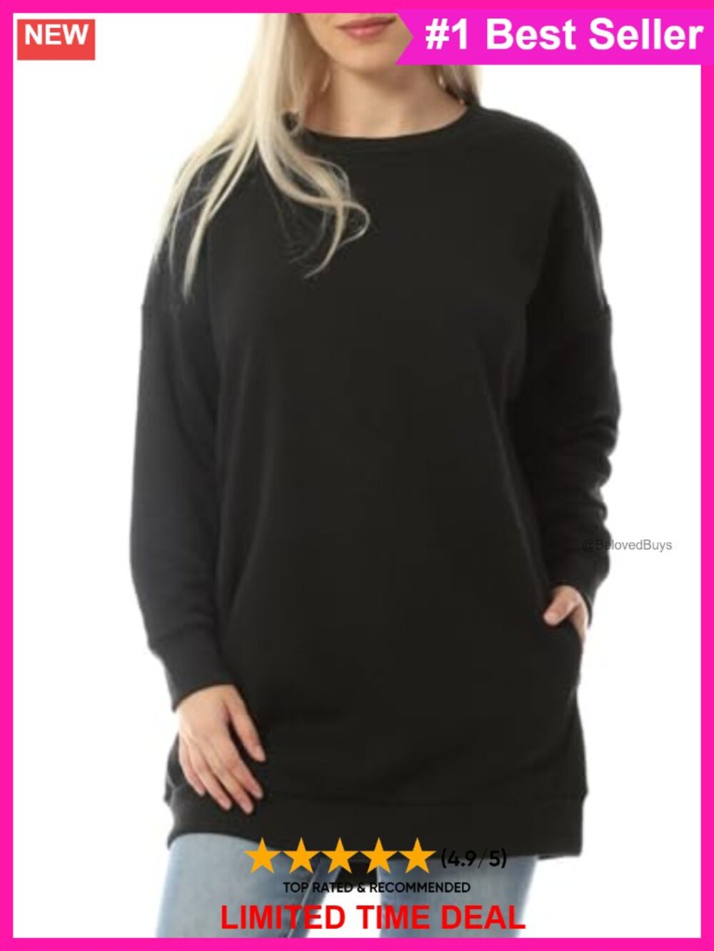 Oversized Fleece Sweatshirt Tunic Pullover Crew Neck Side Pockets